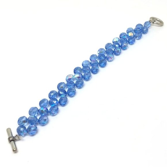 Vintage Blue Faceted Glass Crystal Bead Toggle Bracelet. Triple Strand - Picture 6 of 7